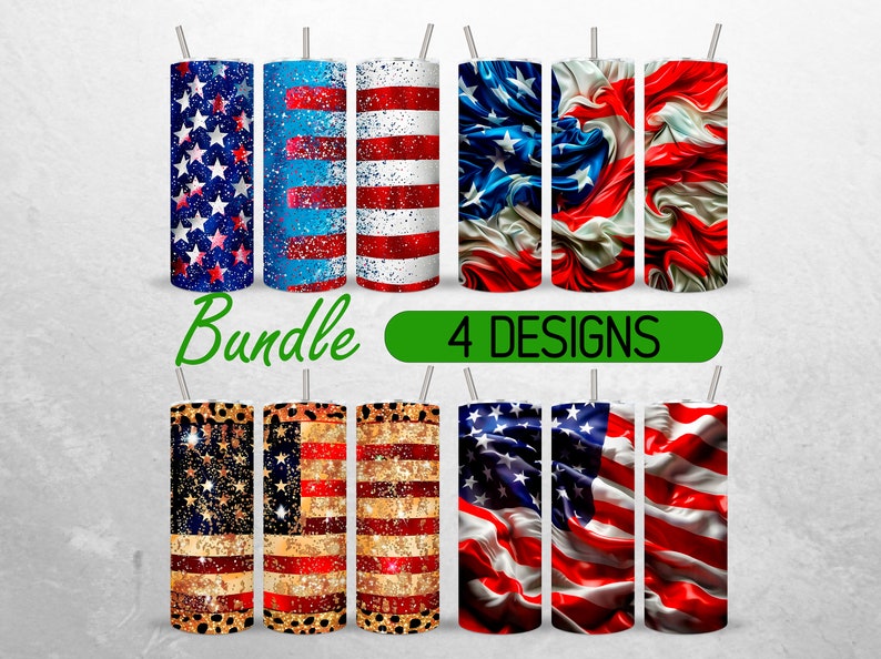 3D American Flag Tumbler Wrap Bundle USA Flag 4th of July 20oz Tumbler