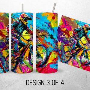 May include: A colorful abstract design with splashes of paint in shades of blue, red, yellow, green, and purple. A person is riding a BMX bike with a helmet on. The design is perfect for a tumbler or other drinkware.