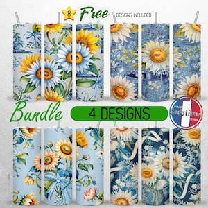 Blue Coquette Sunflowers Tumbler Wrap 20oz Bundle Grandmillenial Bow Tumbler PNG 20oz Glitter Flowers Tumbler Sublimation Design 20oz