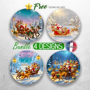 May include: Four round Christmas designs featuring Santa Claus in a sleigh pulled by reindeer and dogs, set against snowy winter landscapes. The designs include the text "8 Free Designs Included" and "Bundle 4 Designs".