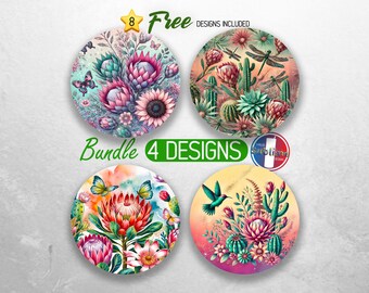 Bundle de sous-verres de voiture floraux Protea Plant PNG pour amoureux des plantes Motifs de sublimation Motifs de sous-verre de voiture Nature Fleur de cactus
