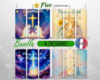 May include: A bundle of eight religious-themed tumblers with various designs. The tumblers feature images of a cross, nativity scenes, and the text "Light of the World" and "Peace on Earth". The tumblers are decorated with celestial and floral elements.