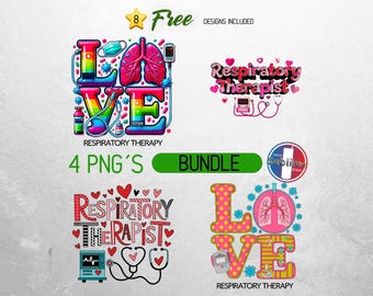 Puede incluir: Un paquete de diseño digital de cuatro gráficos con temática de terapia respiratoria. Los gráficos presentan las palabras "Love" y "Respiratory Therapist" con corazones, pulmones y equipo médico. Los diseños son perfectos para camisetas, tazas y otras manualidades.