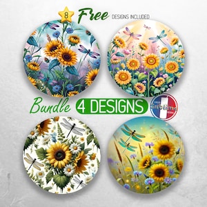 Sunflower and Dragonfly Car Coaster PNG Bundle Spring Flowers Coaster Sublimation Designs Dragonflies Sunflower Car Coaster Designs
