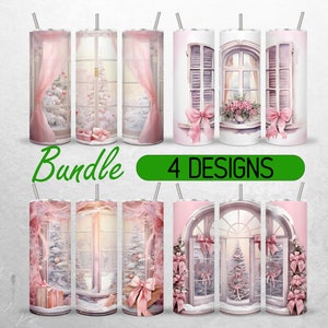 May include: Bundle of 4 Christmas-themed tumbler designs featuring pink and white watercolor illustrations of windows with bows and a Christmas tree. The text "Bundle 4 Designs" is printed on the image.