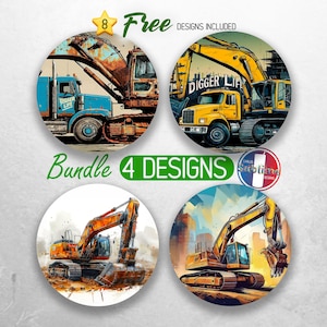 May include: A set of four round stickers featuring illustrations of construction equipment. The stickers feature a yellow excavator with the text "Digger Life", a blue dump truck with the text "Bigger Life", and two orange excavators. The stickers are perfect for adding a touch of personality to laptops, water bottles, or other surfaces.
