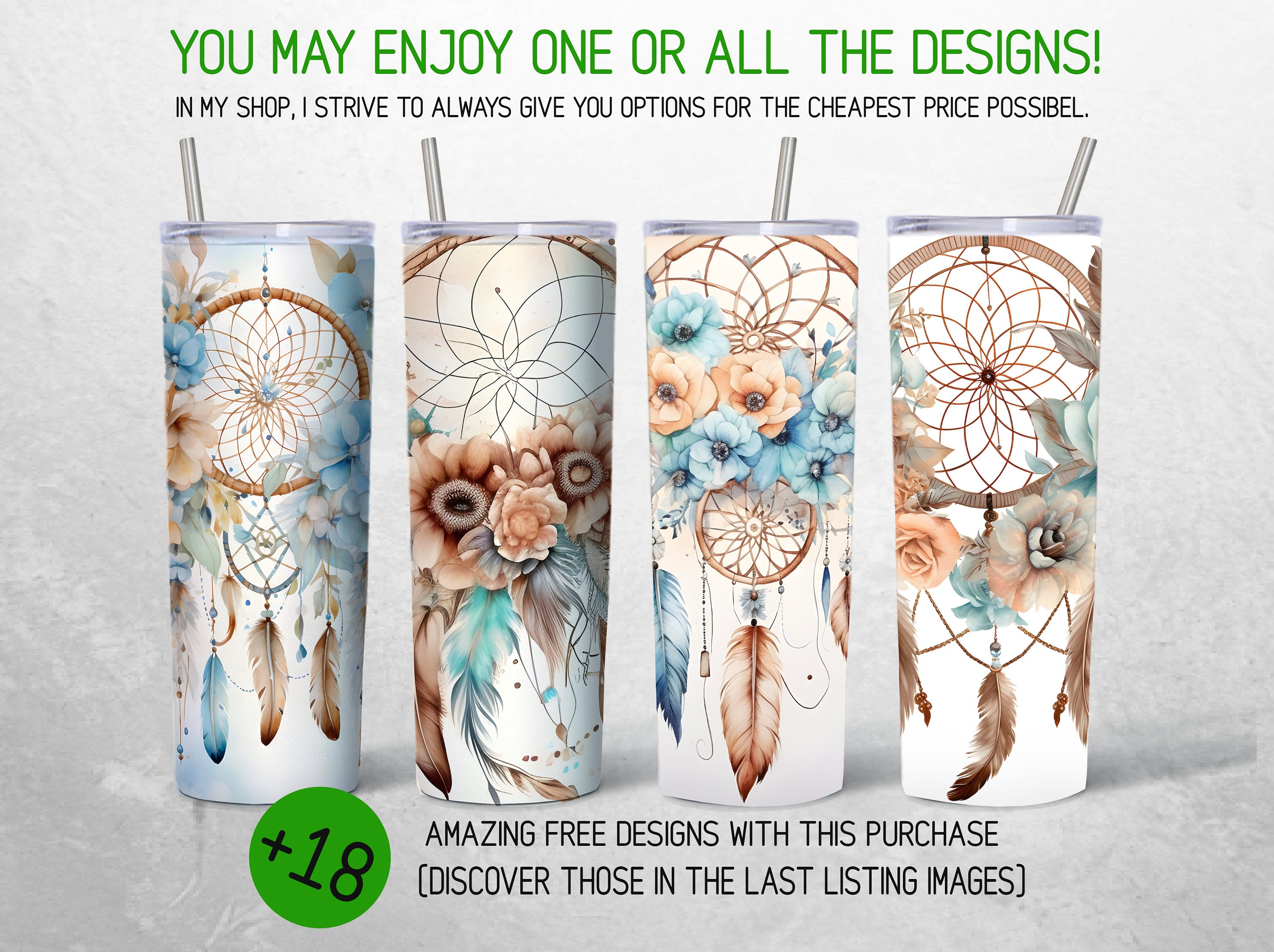 Dreamcatcher Tumbler Wrap Watercolor Boho Tumbler Wrap Feathers Flowers ...