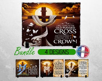 May include: A set of four slate coasters featuring a rustic wooden cross with a white cloth draped over it. The cross is set against a sunset background with clouds. The text "I will cling to the old rugged cross and exchange it someday for a crown" is printed on the coasters.
