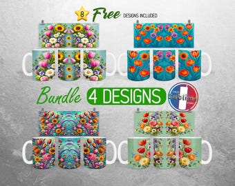 Pacchetto di tazze con fiori primaverili Boho, tazze da giardino con fiori PNG, design con rose, girasoli e tulipani, tazze da 11 e 15 once, stampa a sublimazione.