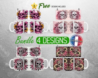 Pink Skull Mug Wrap PNG Bundle Floral Skull 15oz Mug Wrap Gothic Full Mug Wrap Designs Flower Skull Mug Wrap Sublimation