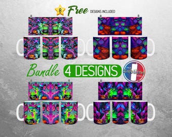 Colorful Halloween Highland Cow Mug Wrap Bundle Pumpkin Fall Leaves Mug PNG Design Cute Cow Witch Hat Full Mug Wrap | 11oz Mug Sublimation