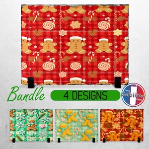 May include: A bundle of four Christmas-themed designs featuring gingerbread men, candy canes, and festive patterns. The main design showcases a red plaid background with gingerbread men wearing Santa hats, candy canes, and swirl candies. The other designs have similar themes.