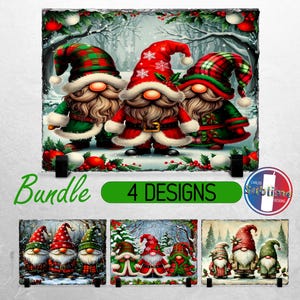 May include: A set of four Christmas-themed slate coasters featuring gnomes wearing red, green, and white hats. The gnomes are surrounded by pine trees, snow, and red berries. The text "Bundle 4 Designs" is printed on a green banner.