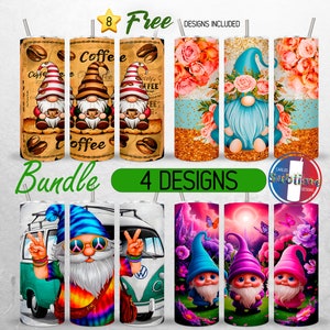 Cute Gnomes Tumbler Wrap Bundle Coffee Gnome 20oz Tumbler Hippie Gnome with Flowers Tumbler Design 20oz Skinny Tumbler Sublimation PNG