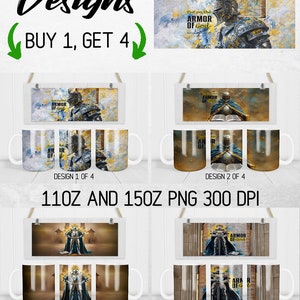 Peut inclure: Quatre designs pour un enveloppement complet de tasse avec un chevalier en armure et le texte "Mettez l'armure de Dieu". Les designs sont dans une vari&eacute;t&eacute; de couleurs et de styles, y compris un design bleu et or, un design brun et or et un design noir et or. Les tasses sont de 11 oz et 15 oz et sont disponibles au format PNG &agrave; 300 DPI.