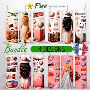 Seamless Traveling Girl Tumbler Wrap Bundle Girly Travel 20oz Tumbler PNG Summer Vacation Tumbler Design 20oz Skinny Tumbler Sublimation PNG