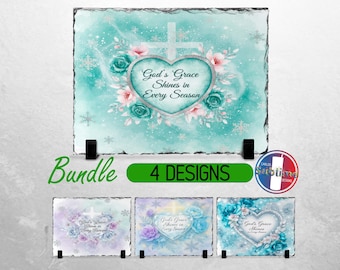 May include: A bundle of four decorative slate designs. The main design features a teal background with a cross, heart, and floral elements. Text reads "God's Grace Shines in Every Season." Additional designs are displayed below.