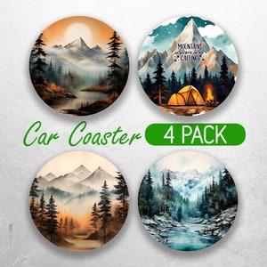 Outdoor Mountains Car Coaster PNG Nature Lake Car Coaster Sublimation Designs Hiking Camping Car Coaster Designs Car Coasters Bundle