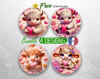 May include: Set of four round stickers featuring cute cartoon Highland cows with pink hearts and candy designs. The stickers are perfect for adding a touch of whimsy to laptops, water bottles, or journals.