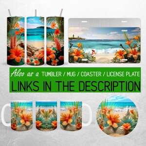 May include: A set of tropical beach themed designs featuring orange flowers, palm trees, and a blue ocean. The designs are available on a variety of products, including tumblers, mugs, coasters, and license plates. Also as a TUMBLER / MUG / COASTER / LICENSE PLATE LINKS IN THE DESCRIPTION