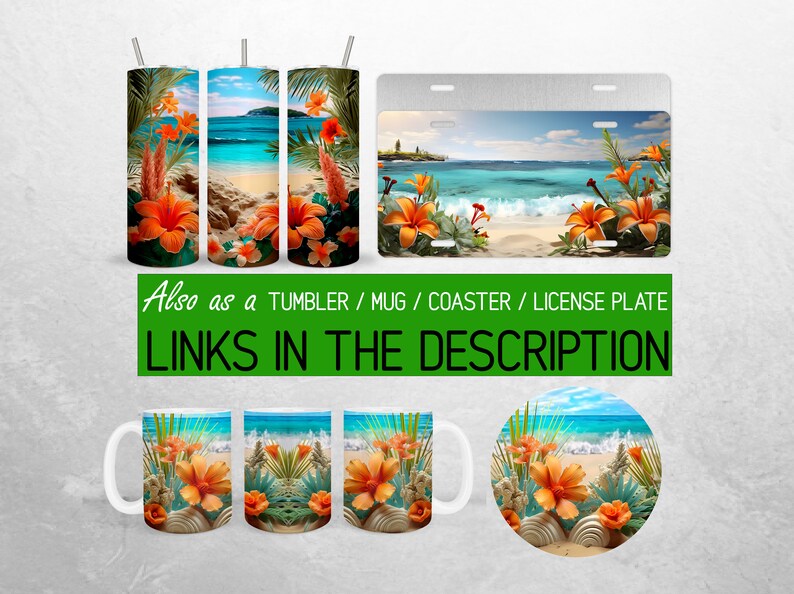 May include: A set of tropical beach themed designs featuring orange flowers, palm trees, and a blue ocean. The designs are available on a variety of products, including tumblers, mugs, coasters, and license plates. Also as a TUMBLER / MUG / COASTER / LICENSE PLATE LINKS IN THE DESCRIPTION