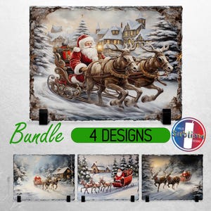 May include: A set of four Christmas-themed slate coasters featuring Santa Claus riding in a sleigh pulled by reindeer. The coasters are made of natural slate and have a rustic, vintage look.