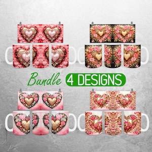 Emballage de tasse coeurs de la Saint-Valentin PNG Saint-Valentin Mug 11 oz et 15 oz Sublimation design Amour rose Motifs de emballage de tasse de tasse complète Wrap Bundle tasse à café