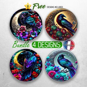 Op de afbeelding: Een set van vier digitale ontwerpen met een zwarte raaf die op een wassende maan zit met kleurrijke bloemen. De ontwerpen zijn perfect om unieke ambachten te maken, zoals stickers, t-shirts en telefoonhoesjes.