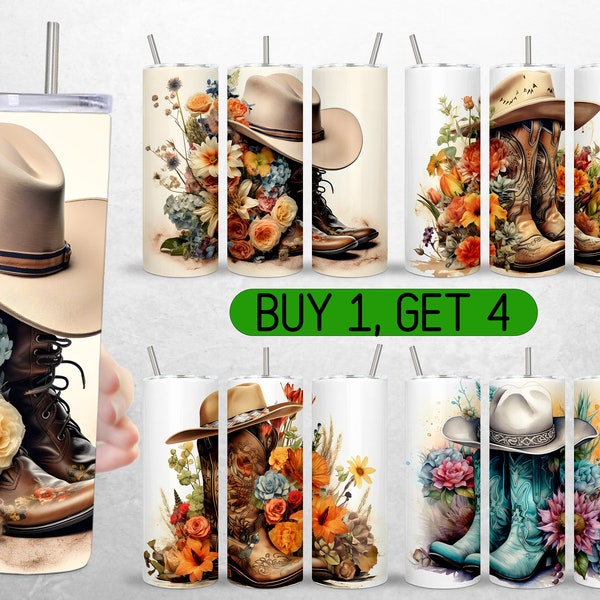 Cowgirl Tumbler Wrap Country Cowgirl Boots  Flowers Png Tumbler Design Sublimation + FREE Tumbler Designs 20 oz Straight Full Tumbler Wrap