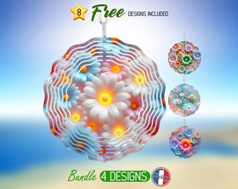 Girandola a vento con fiori primaverili in 3D con margherite PNG, design di girandola a vento con giardino fantasy PNG, girandola a vento floreale primaverile in sublimazione PNG