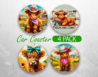 Baby Highland Cow Car Coaster PNG Sunflower Highland Cow Car Coaster Sublimation Designs Western Cow Car Coaster Designs Car Coasters Bundle