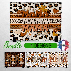 May include: A set of four sublimation designs featuring a leopard print background with the word "Mama" repeated three times in a retro font. The designs are perfect for creating personalized gifts for mothers.