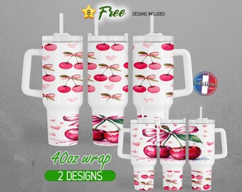 40oz Coquette Ribbon Bow 40oz Tumbler Wrap 40oz Cherry Pink 40oz Tumbler PNG Girly Girl 40oz Tumbler Design | 40oz Sublimation