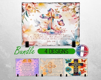 May include: A bundle of four slate coasters with a watercolor floral design and a cross. The coasters feature the Bible verse John 3:16, "For God so loved the world, that he gave his only begotten Son, that whosoever believeth in him should not perish, but have everlasting life."