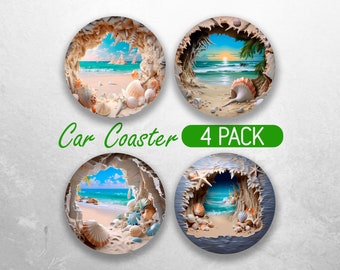 3D Cracked Wall Beach Car Coaster PNG Sea Shells Car Coaster Sublimation Designs Island Summer Car Coaster Designs Car Coasters Bundle