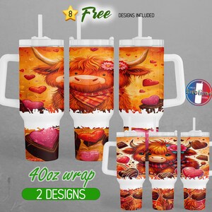 40oz Highland Cow Valentine Chocolate Tumbler Wrap 40oz Valentines Day Baby Cow 40oz Tumbler PNG Design | 40oz Sublimation