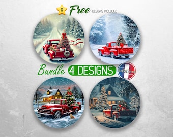Christmas Truck Car Coaster PNG Bundle Christmas Tree Coaster Png Sublimation Vintage Red Truck Round Coasters PNG Christmas Scene Designs