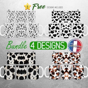 May include: A bundle of 8 sublimation designs featuring cow print patterns in black and white, brown and white, and black, brown, and white. The designs are for mugs and include 4 different patterns.