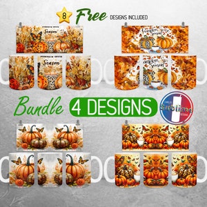 May include: A bundle of 4 sublimation designs featuring fall-themed mugs with pumpkins, butterflies, and autumn leaves. The designs include the text "Pumpkin Spice Season".