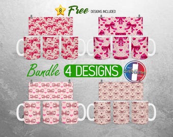 Coquette Bow Mug Wrap Bundle Hearts Coquette Mug PNG Design Pink Girly Girl Full Mug Wrap | 11oz and 15oz Mug Sublimation