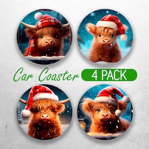 Christmas Car Coaster PNG Christmas Highland Cow Car Coaster Sublimation Designs Car Coaster Bundle Break  Through  Car Coaster Designs