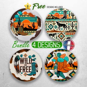 May include: A set of four 4-inch round coasters featuring a southwestern design with turquoise, orange, and brown colors. The coasters feature a variety of designs including a sunset, a wolf, feathers, and boots. The text "Wild and Free" is featured on one of the coasters.