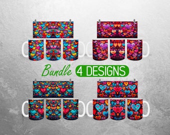 Tazza di San Valentino con cuore di San Valentino, design a sublimazione da 11 e 15 once, design colorati per tazze di San Valentino, pacchetto completo di tazze con cuore di San Valentino.