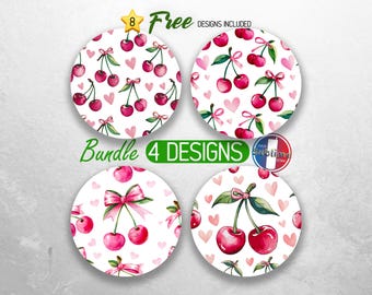 Coquette Ribbon Bow Car Coaster PNG Bundle Cherry Pink Car Coaster Sublimation Designs Girly Girl Car Coaster Designs