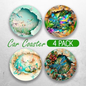 3D Dragonfly Car Coaster PNG Dragonflies Libelula Car Coaster Sublimation Designs Flowers Car Coaster Designs Car Coasters Bundle