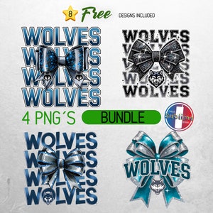 Wölfe Schulteam Maskottchen Bogen Shirt PNG, Grauer und Blauer Team Fußball, Jubel, Schulgeist, Spieltag, Sport Mama Shirt Sublimationsentwurf