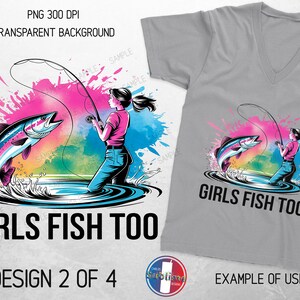 Op de afbeelding: Een kleurrijke digitale illustratie van een meisje dat vist met een hengel en een vis die uit het water springt. De tekst "Girls Fish Too" staat onder de afbeelding.