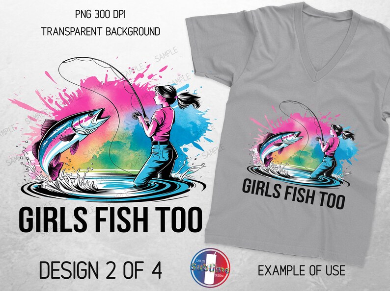 Op de afbeelding: Een kleurrijke digitale illustratie van een meisje dat vist met een hengel en een vis die uit het water springt. De tekst "Girls Fish Too" staat onder de afbeelding.