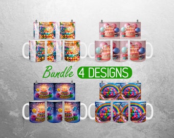 Emballage de tasse de joyeux anniversaire PNG Celebration, ajoutez le nom Tasse de 11 oz et 15 oz, sublimation, Emballage de tasse d'anniversaire personnalisé Ensemble de tasses complètes