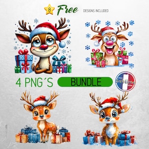 Clipart di renne stravaganti ad acquerello, PNG di renne divertenti, PNG di renne di Natale, design di diario spazzatura, pacchetto di sublimazione di Natale divertente
